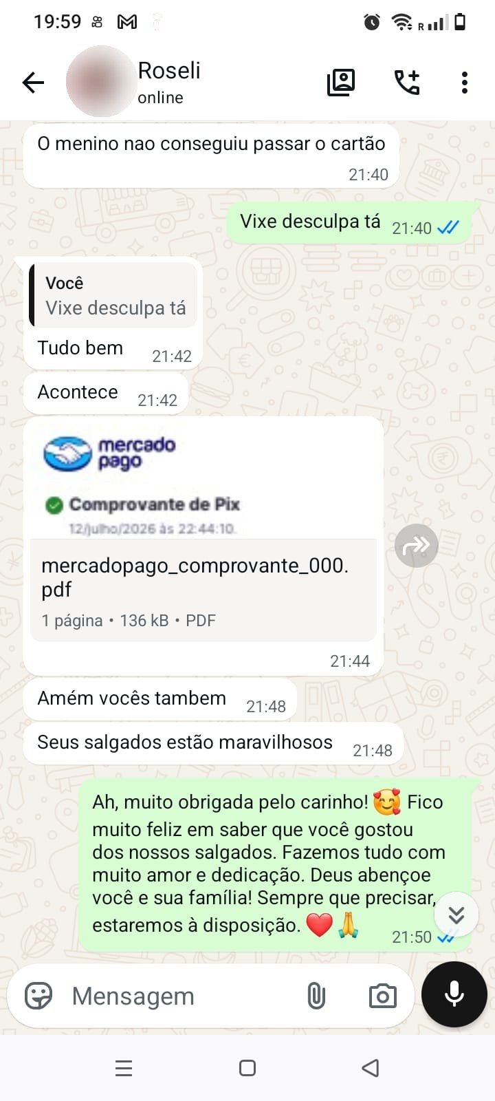 Feedback de Roseli no WhatsApp
