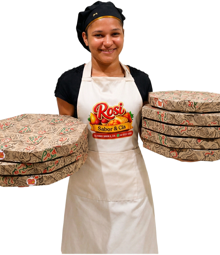 Rosi segurando caixas de salgados da Rosi Sabor & Cia